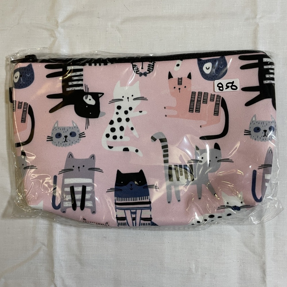 The Pouch Cosmetic Bag Women Small Pink NWT Cat Print Zipper Travel Pouch 8x5